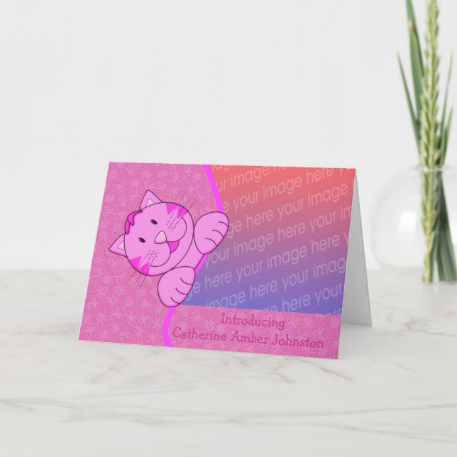 Foto på Cute Rosa Cat Birth Anouncement Foto Meddelande (Framsida)