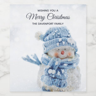 Foto på Cute Snögubbe på vintern - jul Vinflaska Etikett