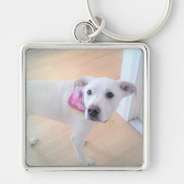 Foto på Cute Sweet White Puppy Hund Ansikte Fyrkantig Silverfärgad Nyckelring