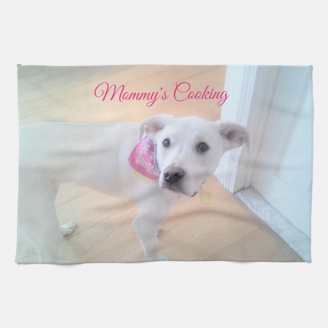 Foto på Cute Sweet White Puppy Hund Mamma Kökshandduk (Horisontell)