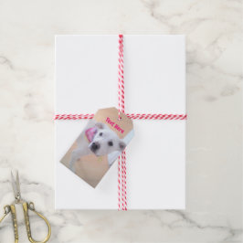 Foto på Cute Sweet White Puppy Hund Rosa Presentetikett