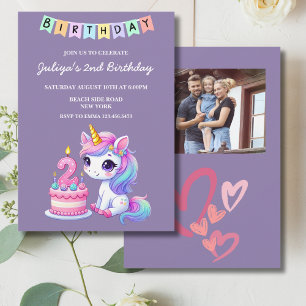 Foto på Cute Unicorn-lila 2:a födelsedag Inbjudningar