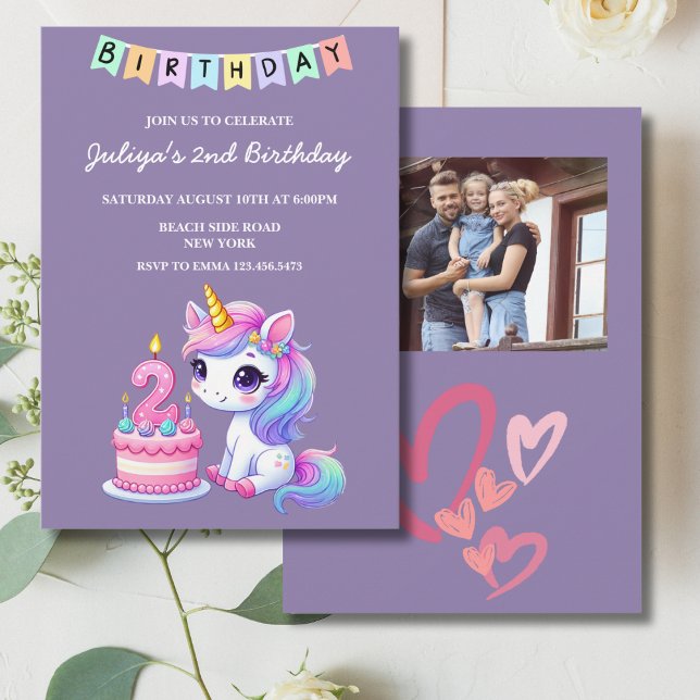 Foto på Cute Unicorn-lila 2:a födelsedag Inbjudningar (Skapare uppladdad)