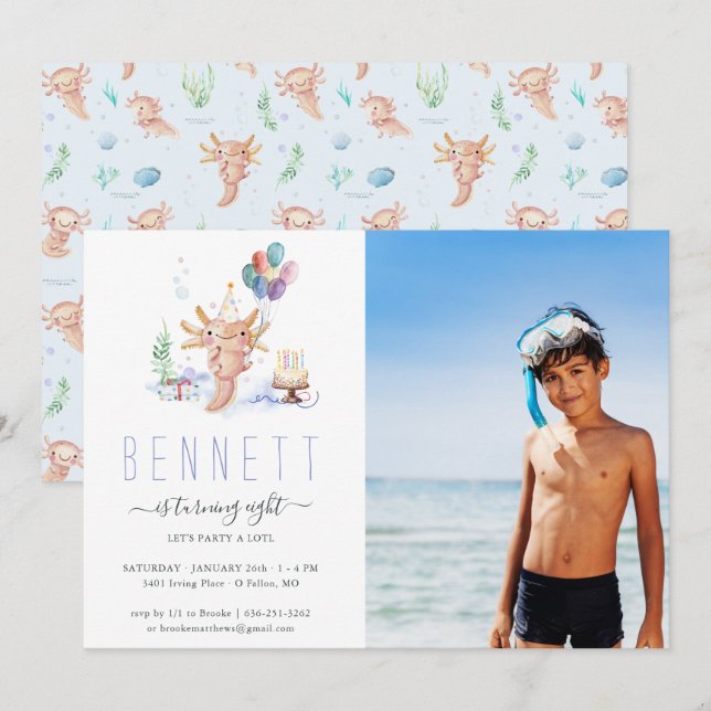 Foto på Cute Watercolor Axolotl Födelsedagsfest Inbjudningar (Fram/baksida)