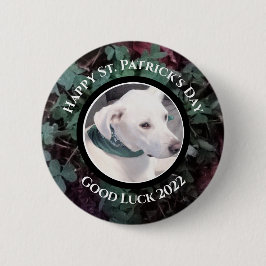 Foto på Cute White Hund Grönt Shamrocks Klöver Knapp
