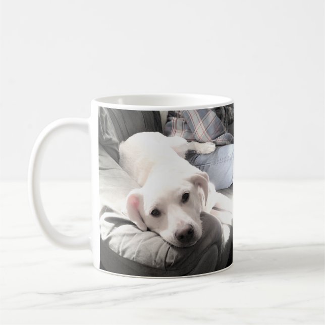Foto på Cute White Hund Hanging Out with Pappa Kaf Kaffemugg (Vänster)