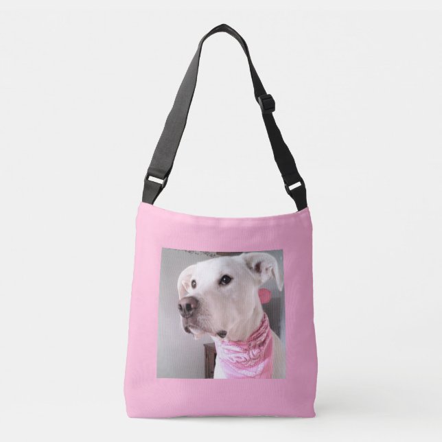 Foto på Cute White Puppy Hund med Rosa Scarf Axelväska (Framsida)