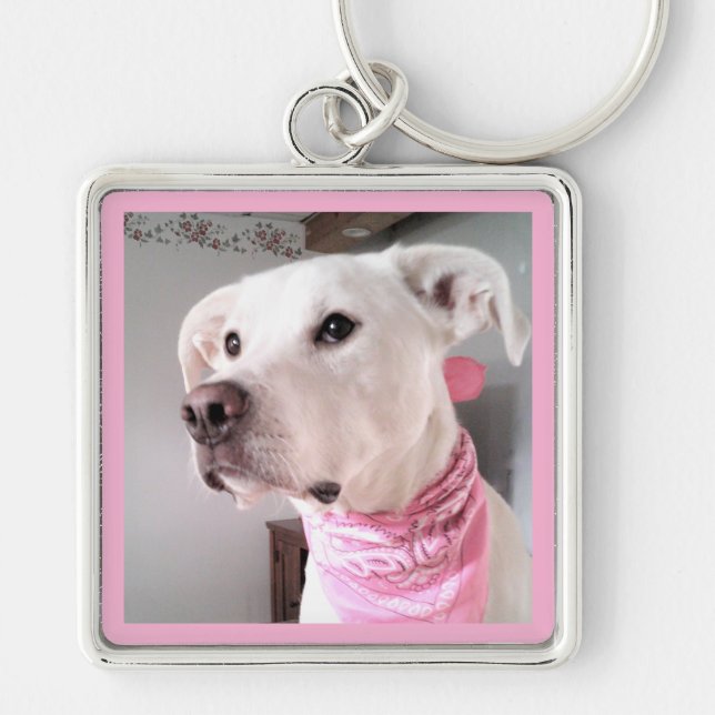 Foto på Cute White Puppy Hund med Rosa Scarf Fyrkantig Silverfärgad Nyckelring (Framsidan)