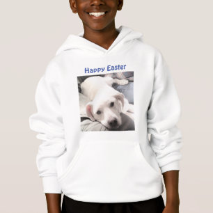 Foto på Cute White Puppy Hund Påsk Gift Blue T Shirt