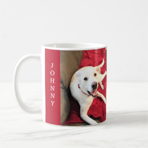 Foto på Cute White Puppy Hund Smiling Red Kärlek Kaffemugg