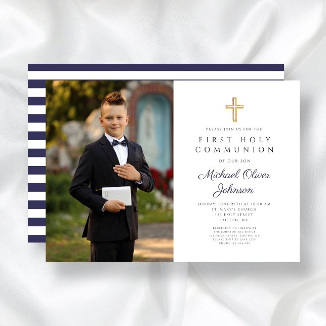 Foto på den första kommunisionen för Navy Blue Ran Inbjudningar (Navy Blue Stripes Boy First Communion Photo Invitation)