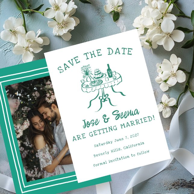 Foto på den svenska Anpassningsbarna Buffet Midinn Spara Datumet (Buffet Dinner Table Hand Drawn Sweet Custom Photo Save The Date Card
)