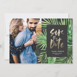 Foto på den tropiska handflatan-löv och guld-manus spara datumet