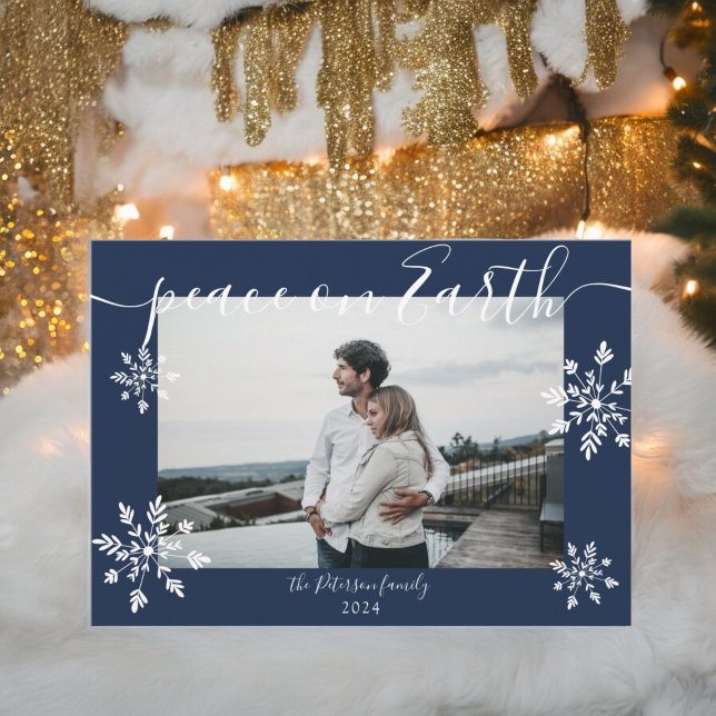Foto på det moderna marinblått julmanuset snöfling julkort (Modern navy blue Christmas script snowflakes photo Holiday Card)