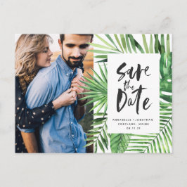 Foto på det moderna tropiska löv-skriptet snyggt b inbjudan vykort