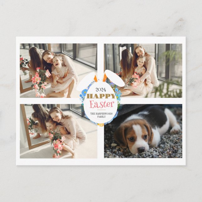 Foto på elegant Lila glad påsk Öron Eggs Family Helg Vykort (Framsida)