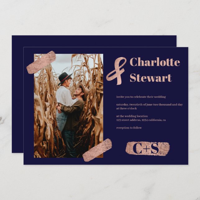 Foto på eleganten chic för penshlinjeRo i guld Inbjudningar (Fram/baksida)