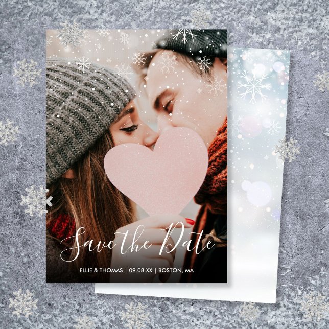 Foto på Eleganten Winter Snöflingor Spara Datumet (Winter Snowflakes Elegant Script Photo Save The Date)