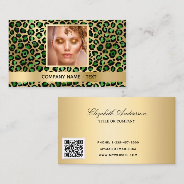 Foto på Emerald grönt guld leopard QR-kod Visitkort (Fram/baksida)