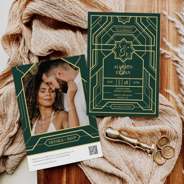Foto på Emerald Grönt Retro Guld Art Deco QR-kod Inbjudningar (Skapare uppladdad)