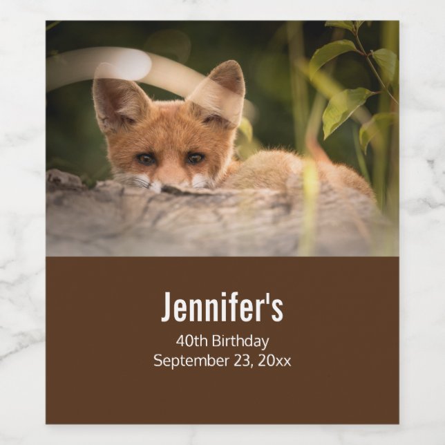 Foto på en Cute Little Orange Fox Vinflaska Etikett (Singel etikett)