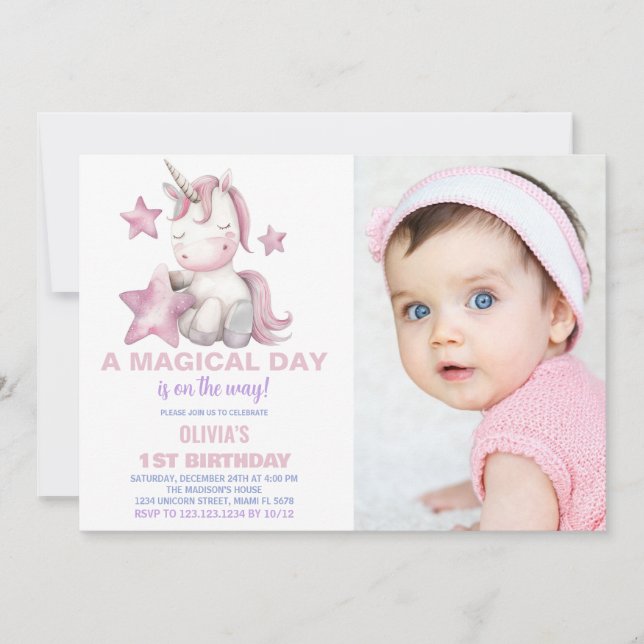 Foto på en magisk dag - Unicorn Birthday-inbjudan Inbjudningar (Framsida)
