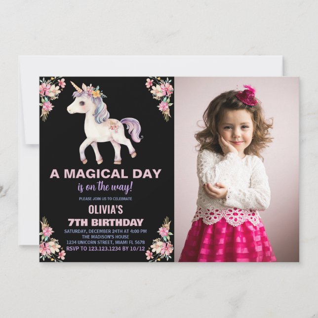 Foto på en magisk dag - Unicorn Birthday-inbjudan Inbjudningar (Framsida)