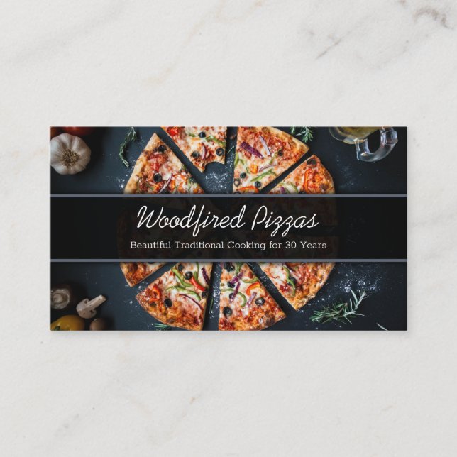 Foto på en pizza på skiffer - Affärskort Visitkort (Framsida)