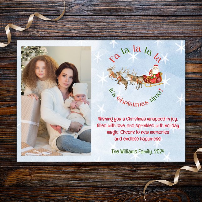 Foto på fa la la, tomten och rener snöflingor julkort (Skapare uppladdad)