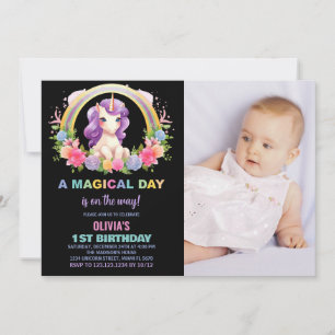 Foto på färg Blommigt Unicorn Birthday-inbjudninga Inbjudningar