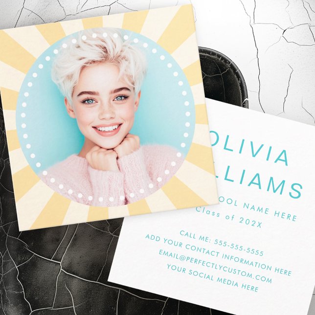 Foto på färsk trendig sunburst student studenten fyrkantigt visitkort (Fresh trendy sunburst student graduation photo square business card)