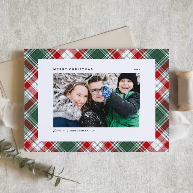 Foto på Festive Grönt Pput Mönster God jul (Festive Red and Green Tartan Plaid Pattern Merry Christmas Photo Holiday Card)