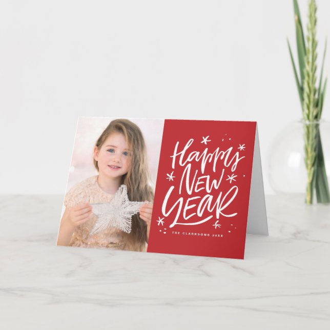 Foto på Festive Red Gott nytt år Lettering Photo Helgkort (Framsida)