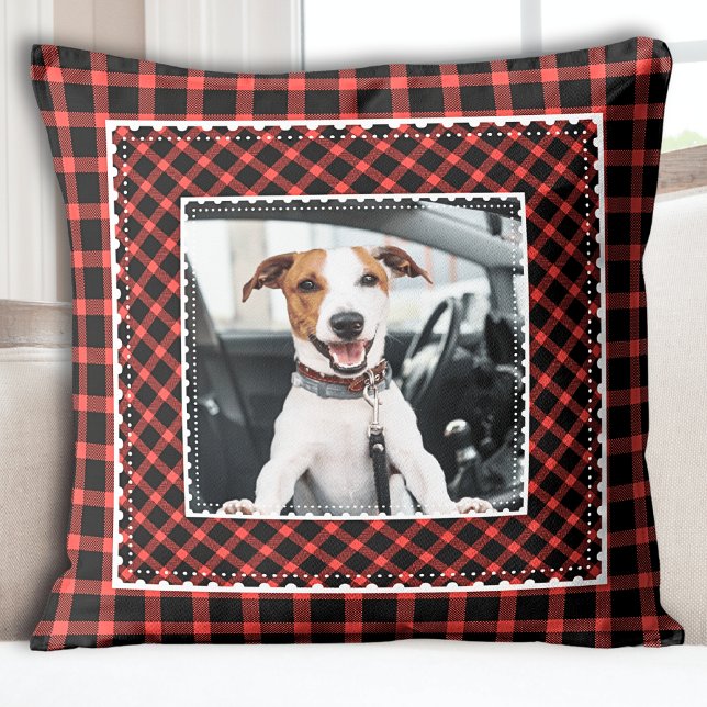 Foto på Festive Red Play Hund Photo Kudde (Red Plaid Kids Photo Holiday Christmas Throw Pillow)