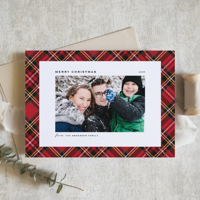 Foto på Festive Red Pput Mönster God jul (Festive Red Tartan Plaid Pattern Merry Christmas Photo Holiday Card)