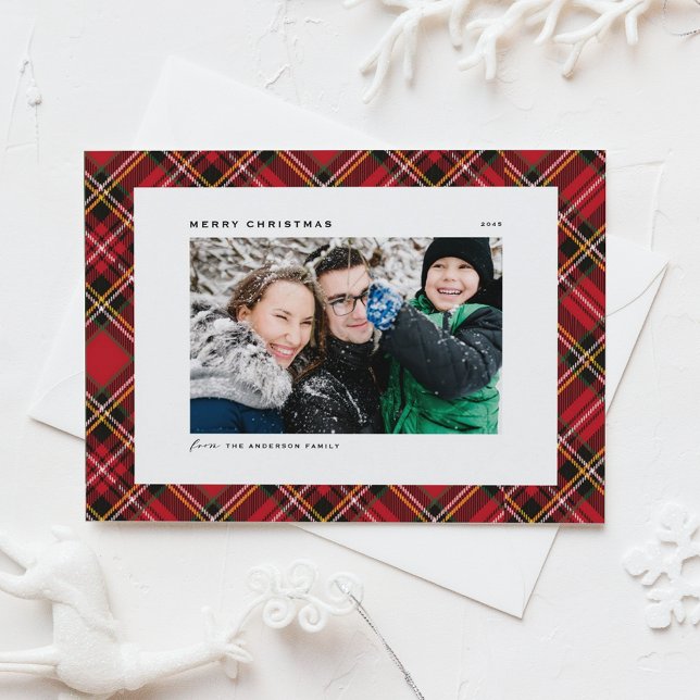 Foto på Festive Red Pput Mönster God jul Julkort (Festive Red Tartan Plaid Pattern Merry Christmas Photo Holiday Card)