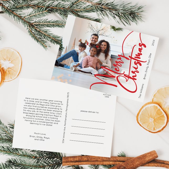 Foto på Festive Red Script God jul Fullt Helg Vykort (Skapare uppladdad)