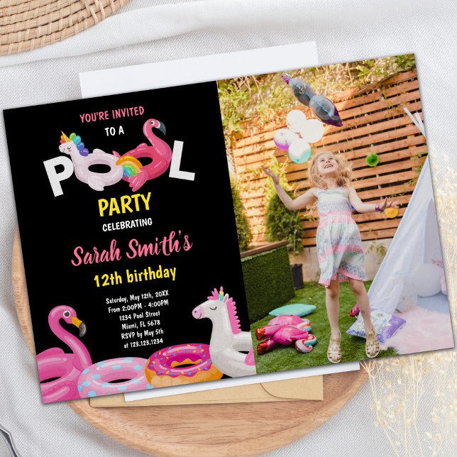 Foto på Flamingo Unicorn Bassäng Birthday Inbjudan (Flamingo Unicorn Pool Birthday Invitations photo)