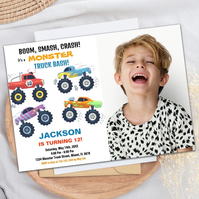 Foto på födelsedagsinbjudan till färg Monster Last Inbjudningar (Colours Monster Truck Birthday Invitations Photo)
