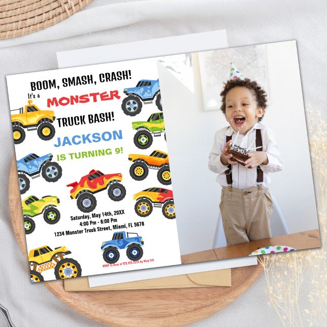 Foto på födelsedagsinbjudan till färg Monster Last Inbjudningar (Colours Monster Truck Birthday Invitations Photo)