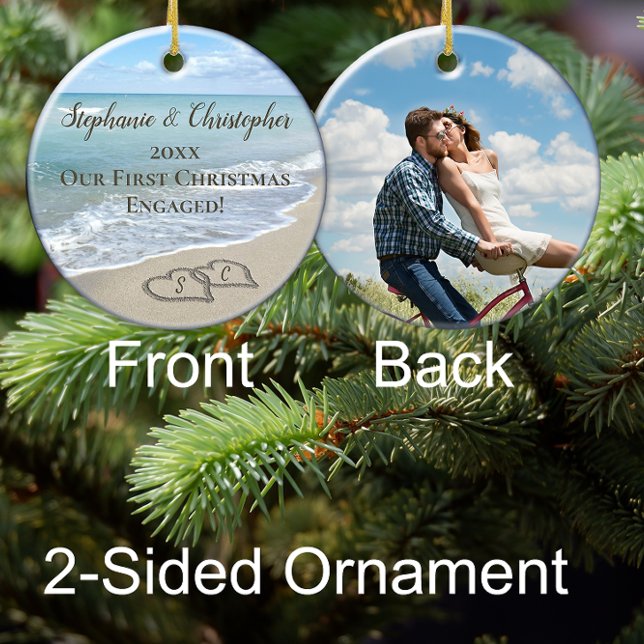 Foto på första julen - engagerade busshögar julgransprydnad keramik (beach wedding engagement photo engaged christmas ornament)