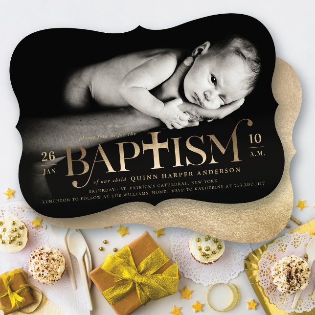 Foto på gammaldags fetstil i Kor, modern klassiskt Inbjudningar (Faux Gold Foil Modern Classic Bold Cross Stylish Baptism Photo Invitation @ fat_fa_tin)
