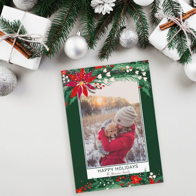 Foto på glad helg blommigt krans snö julkort (Skapare uppladdad)