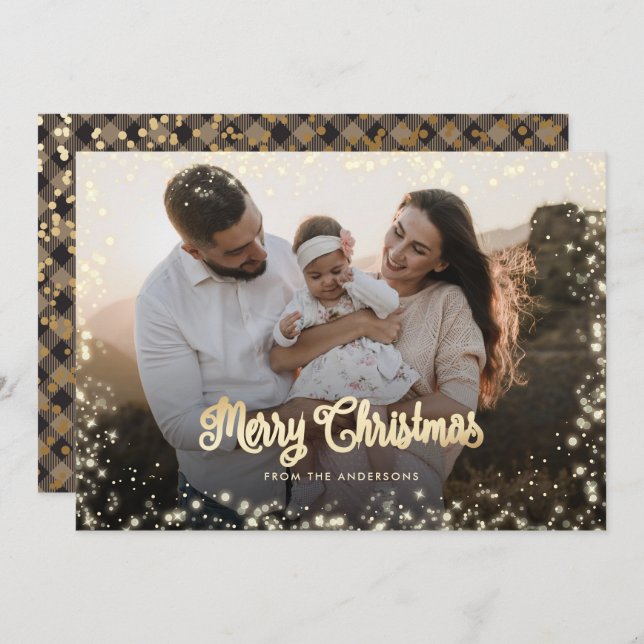 Foto på god jul Calligraphy Guld Snö Ljus Julkort (Fram/baksida)