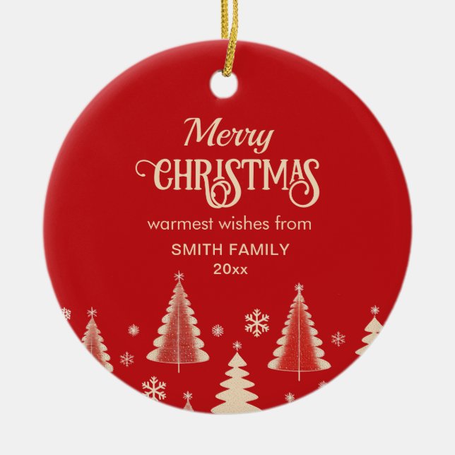 Foto på god jul halvsekelröda beige träd julgransprydnad keramik (Framsidan)