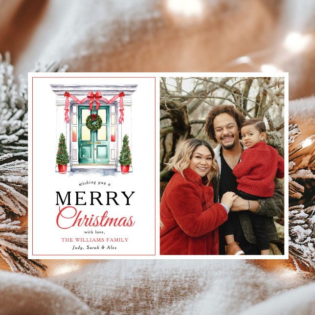 Foto på God jul i modern Red Bow Dor Julkort (Skapare uppladdad)