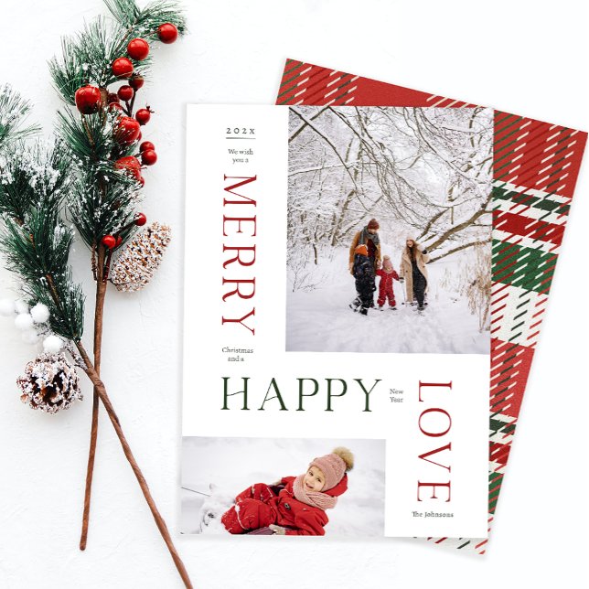 Foto på god jul och Gott nytt år Julkort (We wish you a Merry Christmas and a Happy new year. 2 photo holiday card with plaid backside pattern)