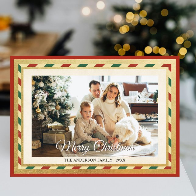 Foto på god jul Retro Guld Red Rand Ram Julkort (Skapare uppladdad)