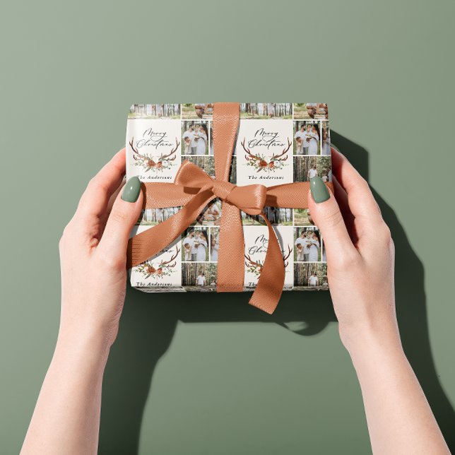 Foto på god jul-skript, rustik antler presentpapper (Skapare uppladdad)