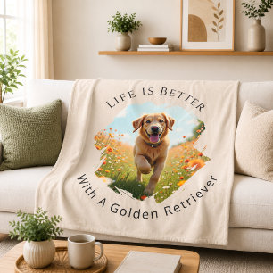 Foto på Golden Retriever Livet är bättre Beige Fleecefilt